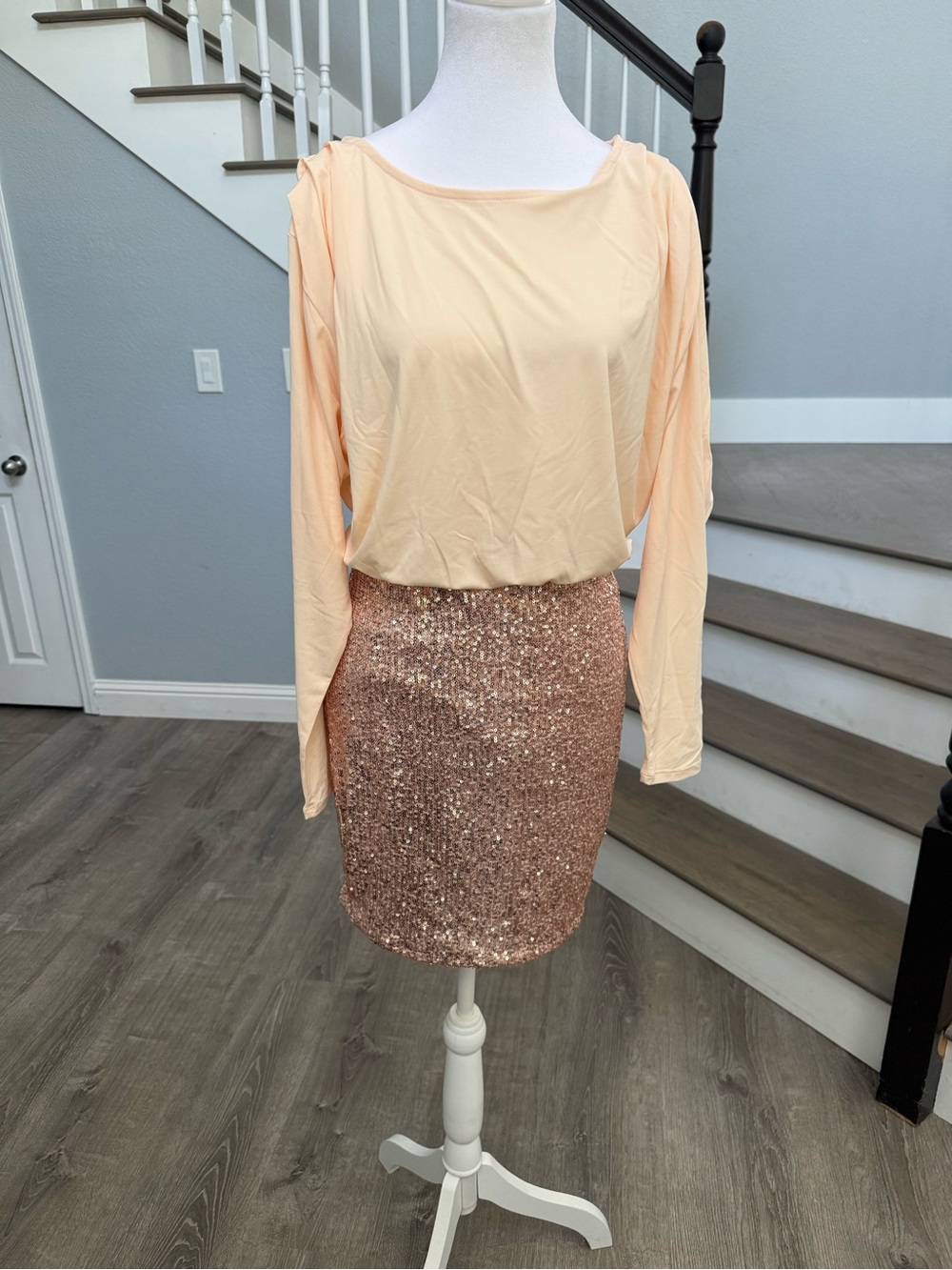VENUS Rose Gold Sequin Pencil Skirt with Peach Blouse DRESS